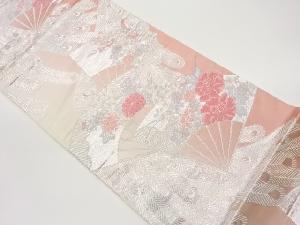 扇子に花々・孔雀羽根模様織り出し袋帯